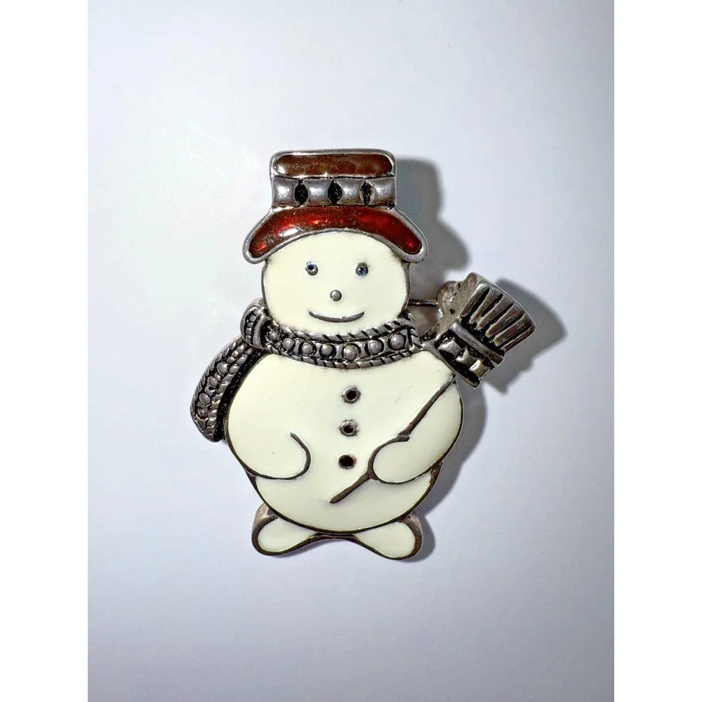 Vintage Signed Lia Enamel‎ & Marcasite Snowman Brooch — Rhinestone Christmas Pin